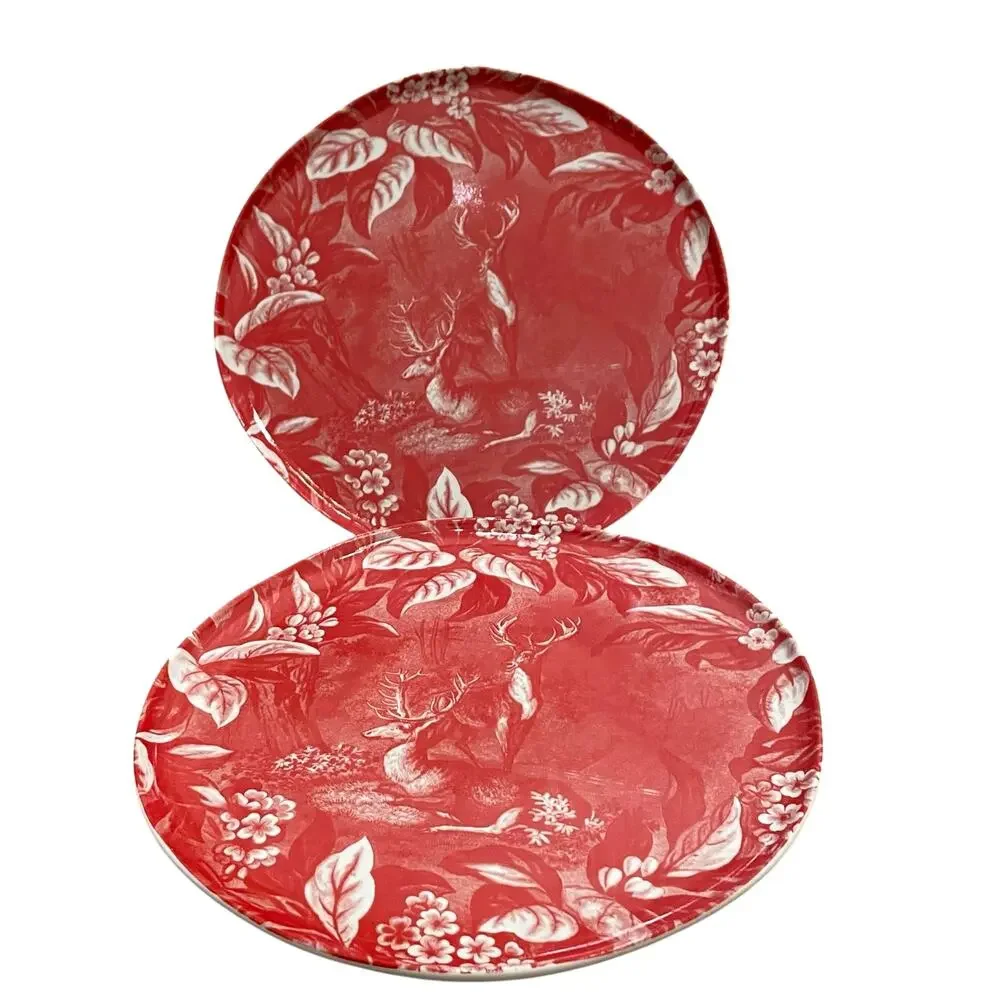 Neiman Marcus NOBLE FUR 10in Porcelain Dinner Plates In Gift Box Red White Set 2